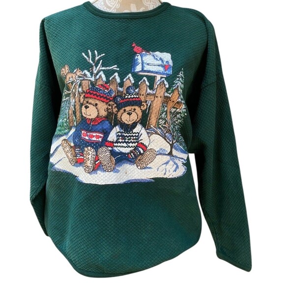 Vintage Winter Teddy Sweatshirt M/L Green Pullover Bears X-mas Tompkins Avenue - Picture 3 of 14